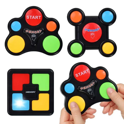 Set of black memory game controllers with colorful buttons in various shapes.