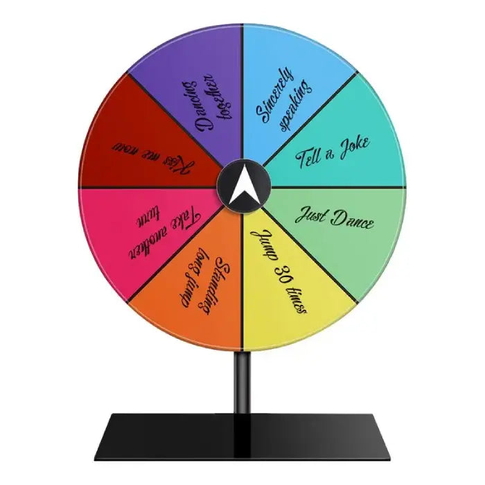 Colorful spin wheel for party games featuring fun activities and challenges for entertaining gatherings.