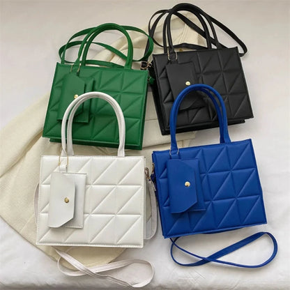 Collection of quilted handbags in green, black, white, and blue colors, showcasing geometric patterns and matching small pouches