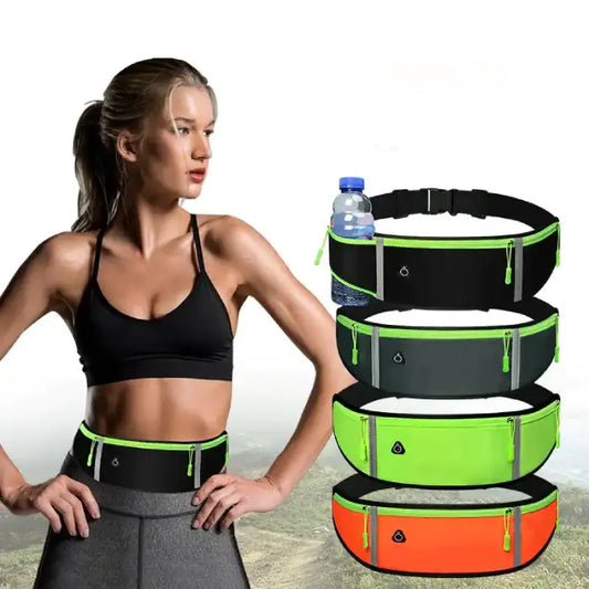 Woman in black sports bra with various colored running belts, water bottle holder, adjustable straps for comfortable fit