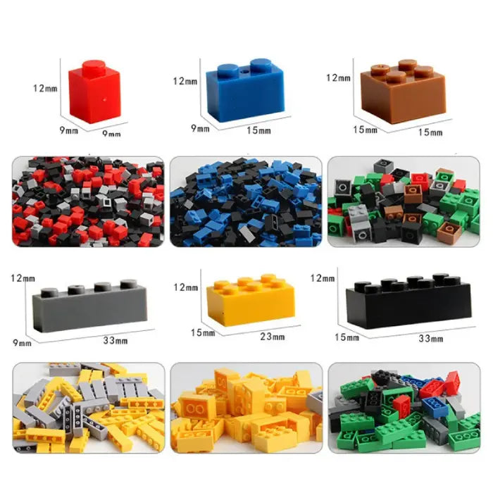 Collection of colorful toy block creations, including animals, vehicles, and a helicopter.