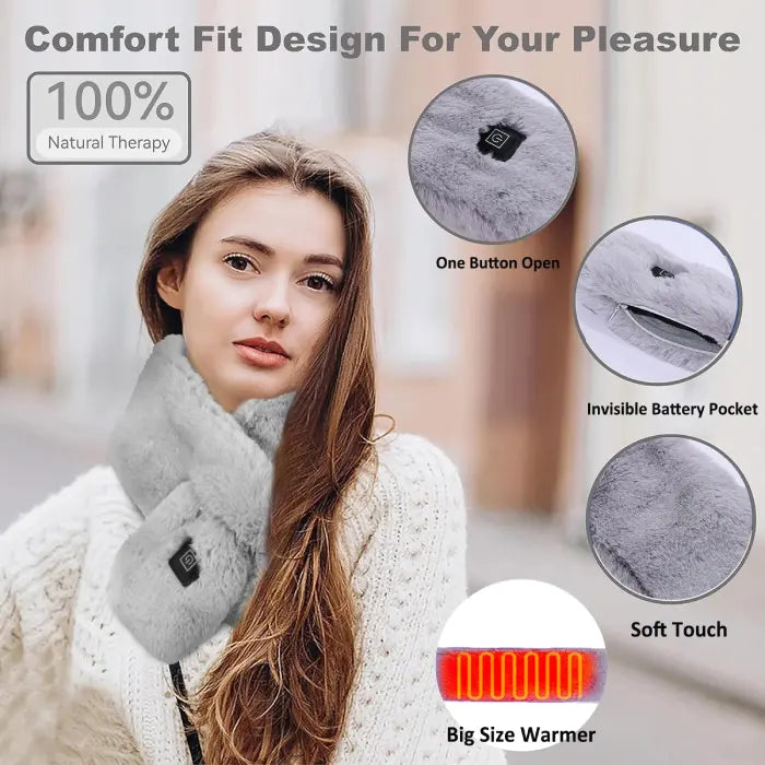 Grey electric heated scarf with soft-touch design, invisible battery pocket, and one-button operation.