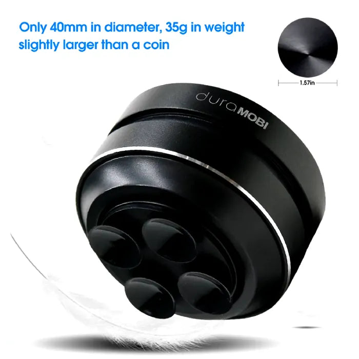 DuraMOBI speaker dimensions shown at 40mm diameter, featuring sleek black design with measurement details