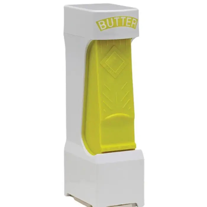 Yellow and white compact butter dispenser with a labeled "Butter" cap, shown in a standing position.