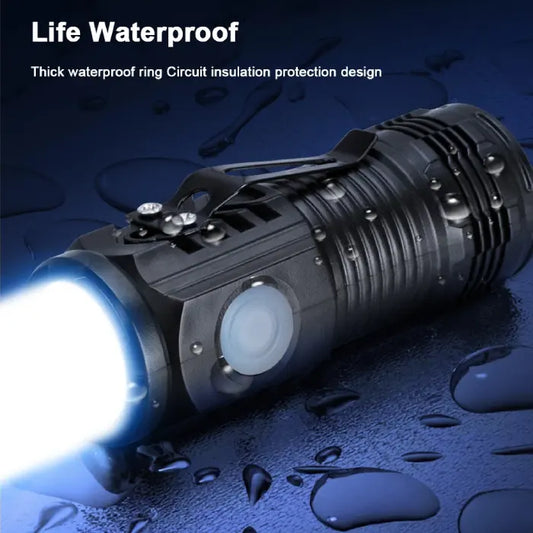 Compact black LED flashlight with waterproof design displayed against a nighttime outdoor background.