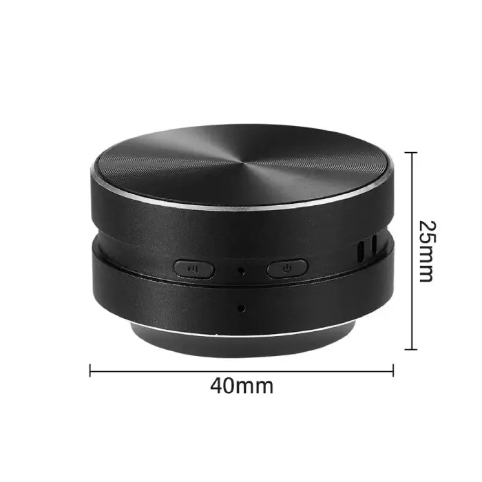 compact wireless speaker technical specifications showing 40mm width and 25mm height measurements in black finish