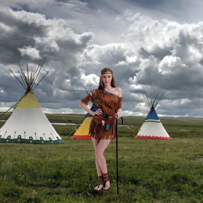 Woman wearing complete one shoulder fringe costume set with patterned belt and tassels.