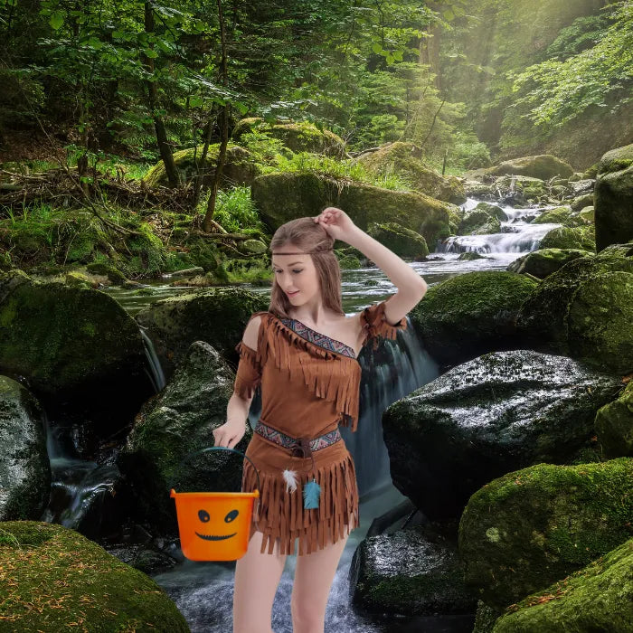 Woman in complete one shoulder fringe costume set holding pumpkin bucket near forest stream.