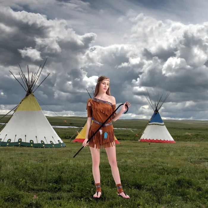 Complete one shoulder fringe costume set styled with staff, tassel belt, and sandals.