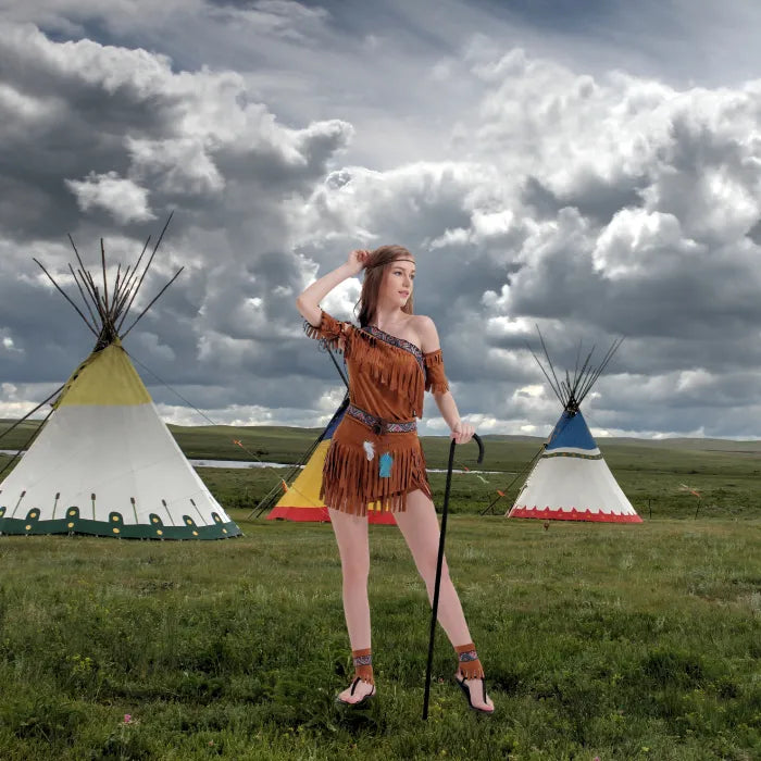 One shoulder fringe costume set with fringed dress and accessories, model posing near teepees.
