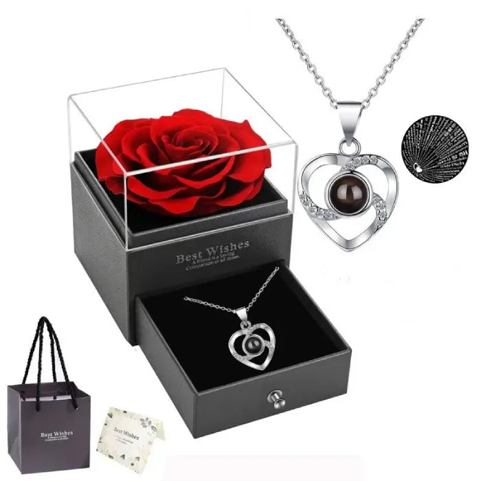 Complete romantic gift set with heart necklace and preserved rose.