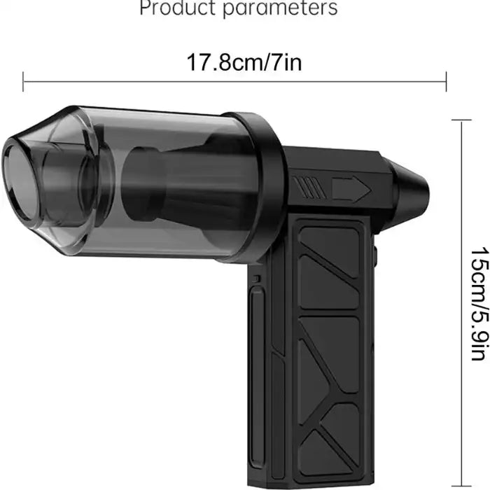 Compressed Air Duster with size dimensions 17.8 cm by 15 cm showing transparent nozzle design.