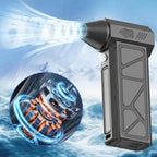 Compressed Air Duster in action with high-powered turbine motor and cold air output stream.