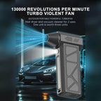 Compressed Air Duster with turbo fan and flashlight used outdoors near luxury car at night.