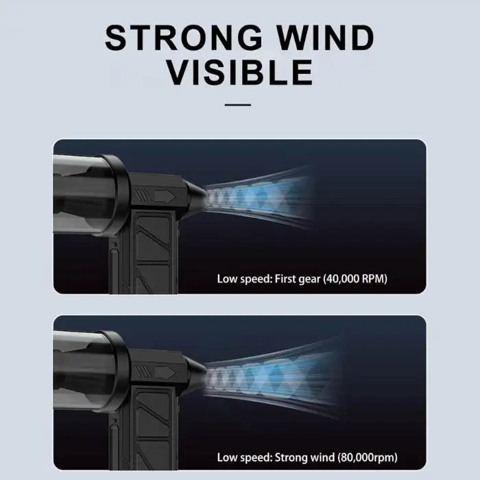 Compressed Air Duster with strong visible airflow at 40,000 and 80,000 RPM low-speed settings.