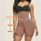 compression bodysuit with front hook closure offering strong tummy control to reduce waistline and smooth body shape