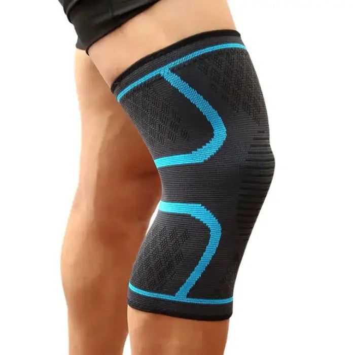 Athletic knee sleeve with blue compression support lines on black fabric, providing targeted joint stability and comfort for active wear