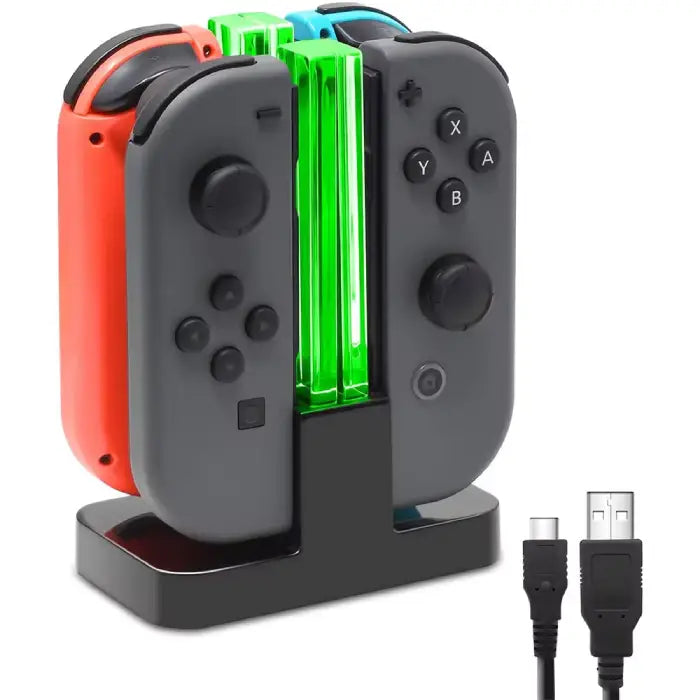 Colorful gaming controller charging dock with LED indicators, USB cable included, for multiple controllers