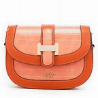 Luxury coral saddle bag with croc-embossed pattern, gold hardware clasp, contrast trim and Nikky brand logo on front