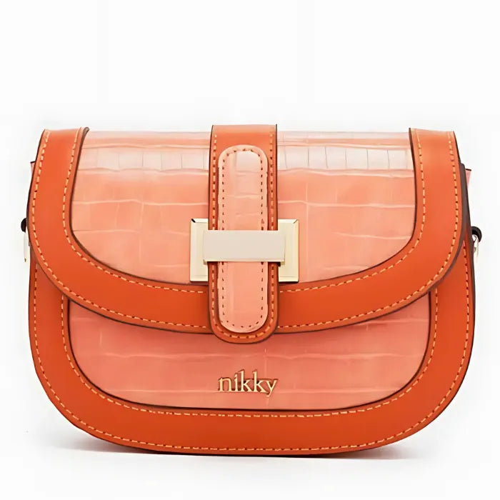 Luxury coral saddle bag with croc-embossed pattern, gold hardware clasp, contrast trim and Nikky brand logo on front