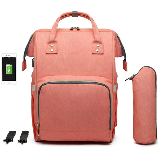 Coral pink diaper backpack set with USB charging, insulated bottle warmer and stroller straps for convenient baby care