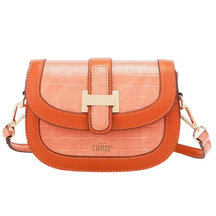 Coral leather saddle bag with croc embossing, contrasting trim, gold hardware clasp and Nikky brand logo