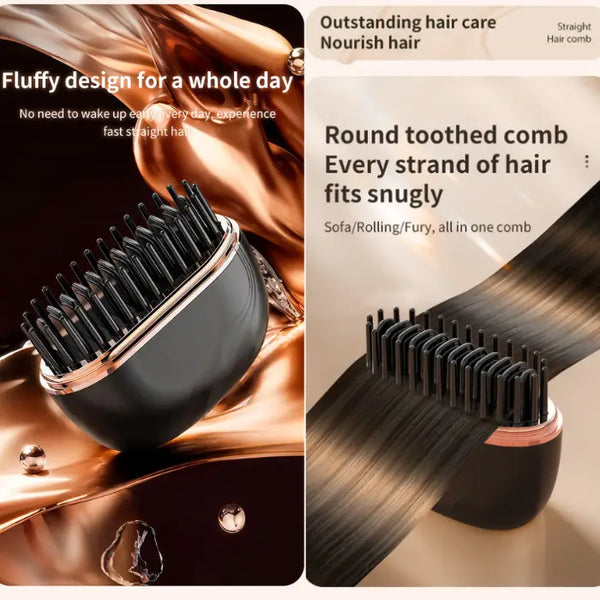 cordless straightener compact brush creating all day volume and straight hair, sleek design on glossy backdrop warm tone