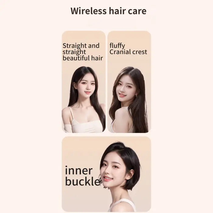 cordless straightener results on different hairstyles, straight sleek look, fluffy crown, inner buckle finish style vibe