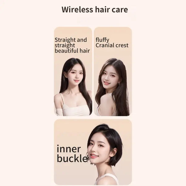 cordless straightener results on different hairstyles, straight sleek look, fluffy crown, inner buckle finish style vibe