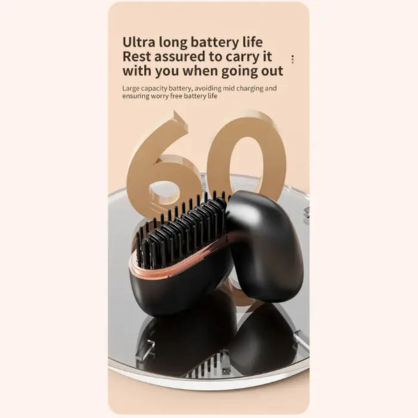 cordless straightener long battery life shown, open compact case with travel brush on reflective surface under soft glow