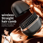 cordless straightener brush shown with model, smooth and silky results for quick styling anywhere at home or travel use!