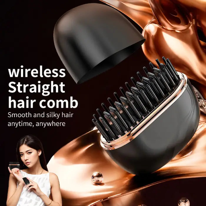 cordless straightener brush shown with model, smooth and silky results for quick styling anywhere at home or travel use!