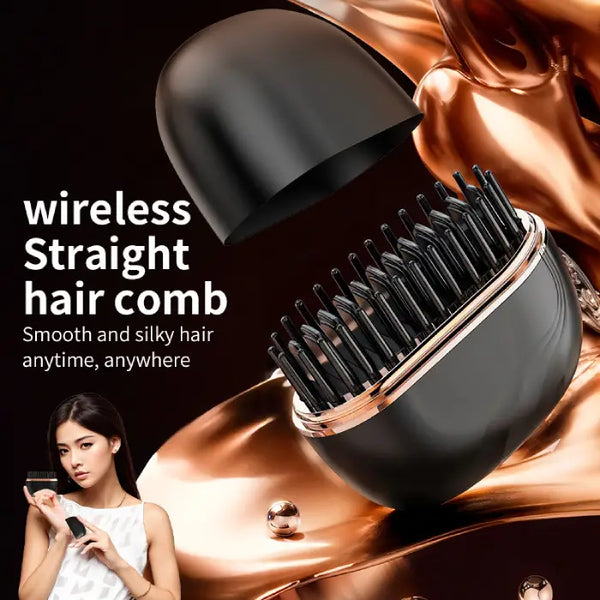 cordless straightener brush shown with model, smooth and silky results for quick styling anywhere at home or travel use!
