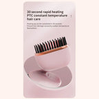 cordless straightener in pink with PTC rapid heating, 30 second warm up shown on vanity mirror surface constant heat set