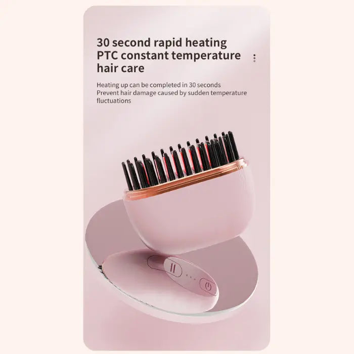 cordless straightener in pink with PTC rapid heating, 30 second warm up shown on vanity mirror surface constant heat set