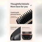 cordless straightener safety details, anti burn comb teeth, hold to start button, automatic power off feature for safety