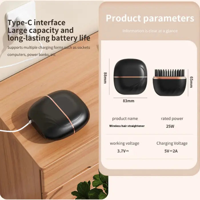 cordless straightener with type c charging on desk, compact travel brush and specs card shown beside on panel right side