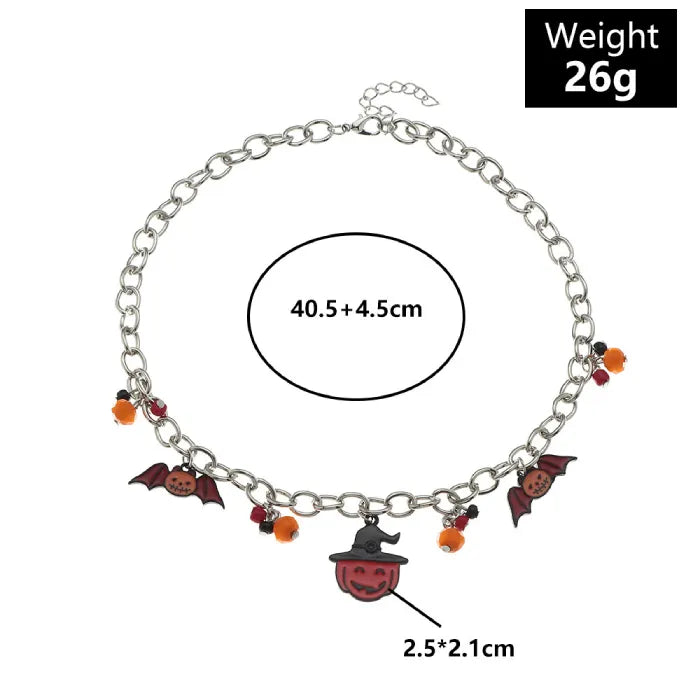 Halloween-themed necklace with pumpkin and bat charms, size and weight labeled.