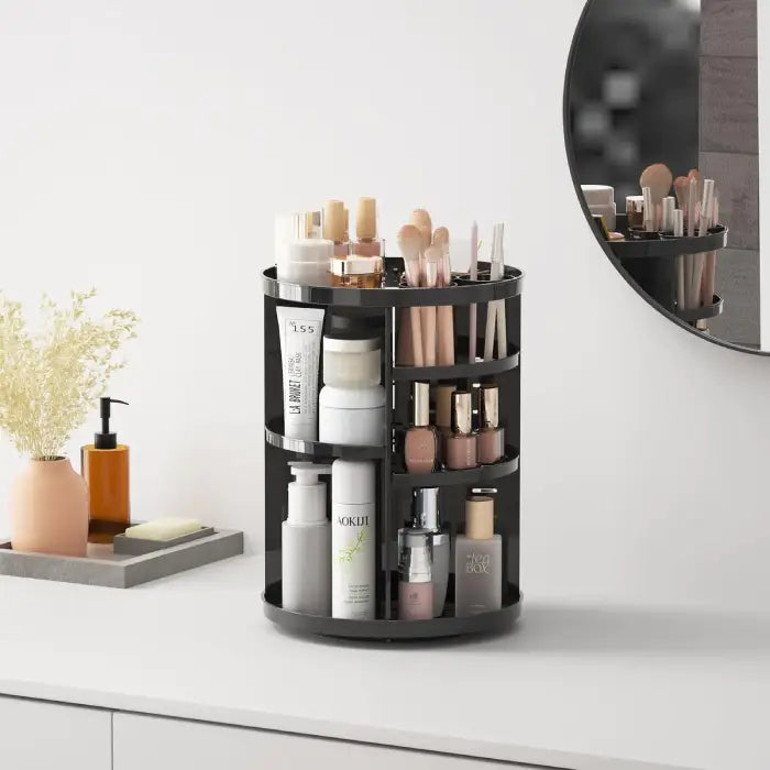  Countertop makeup organizer displayed in a clean bathroom setup for functional and stylish storage.