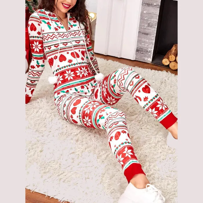 Comfortable holiday onesie with cheerful red and green designs. Great for festive relaxation.