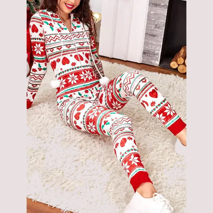 Comfortable holiday onesie with cheerful red and green designs. Great for festive relaxation.