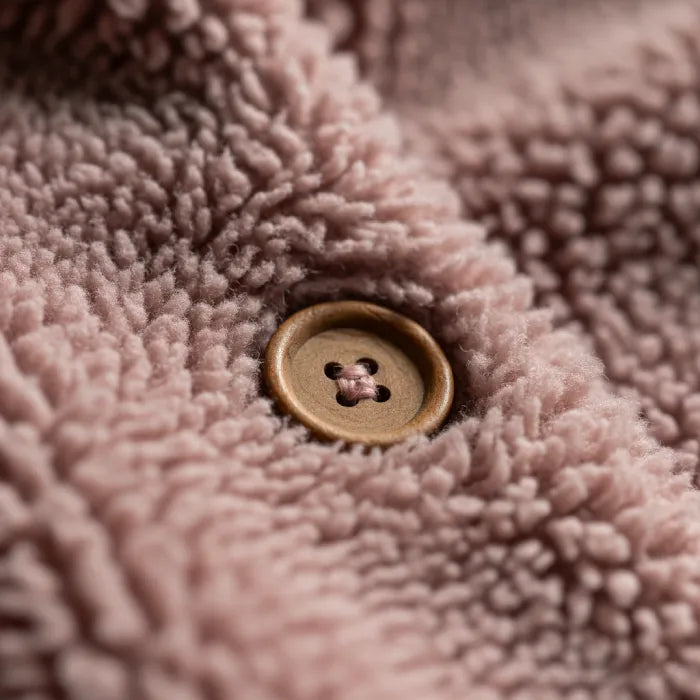 Cozy Sherpa Hooded Cardigan close up showing wooden button detail and soft sherpa fleece texture for premium warmth