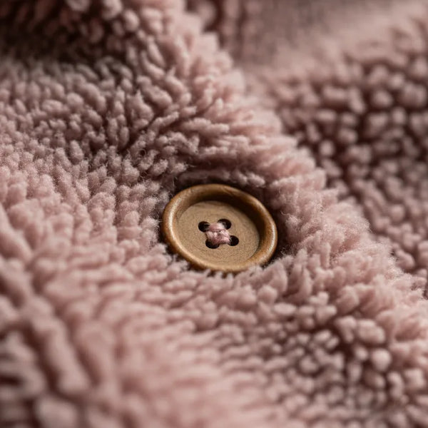 Cozy Sherpa Hooded Cardigan close up showing wooden button detail and soft sherpa fleece texture for premium warmth