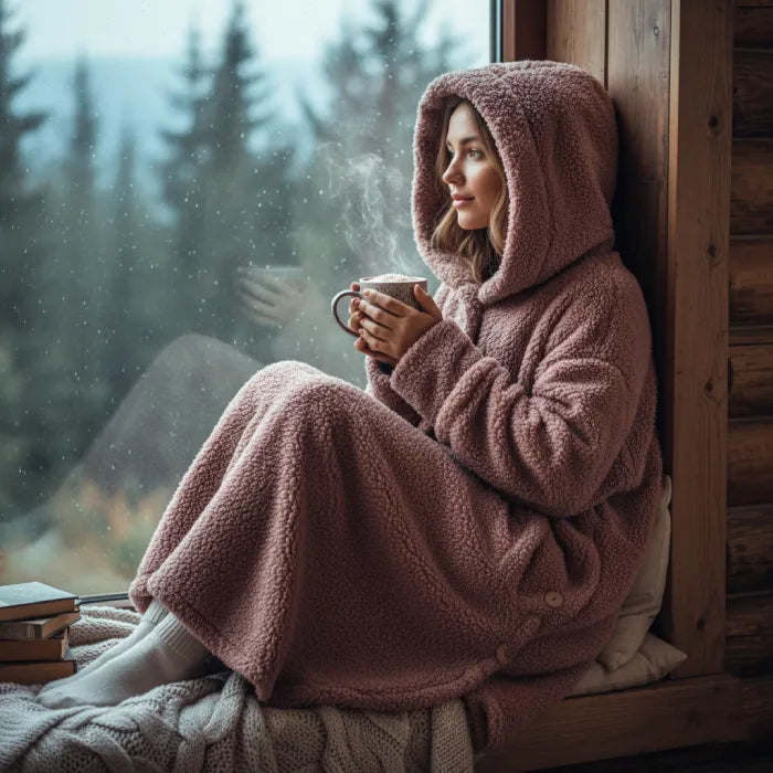 Cozy Sherpa Hooded Cardigan worn by window in winter setting with hooded fleece design for relaxing cold days