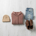Cozy Sherpa Hooded Cardigan flat lay styled with jeans boots and beanie showing easy casual winter outfit pairing