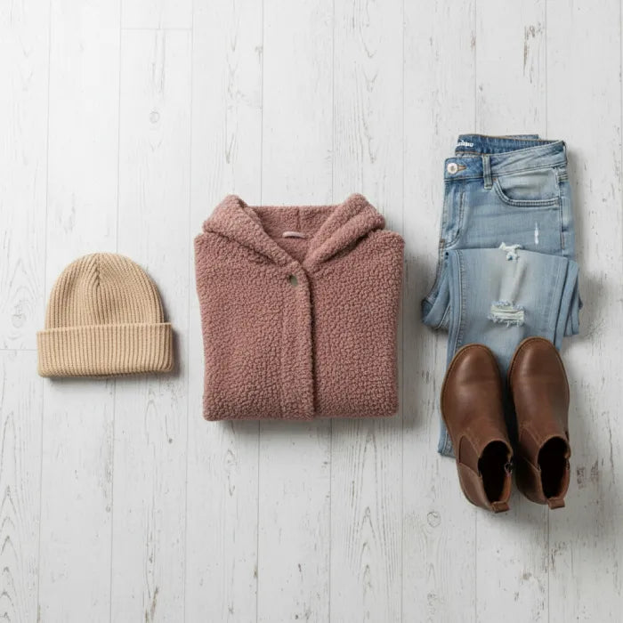 Cozy Sherpa Hooded Cardigan flat lay styled with jeans boots and beanie showing easy casual winter outfit pairing