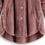 Cozy Sherpa Hooded Cardigan front detail showing button closure and roomy pockets in plush fleece for daily comfort