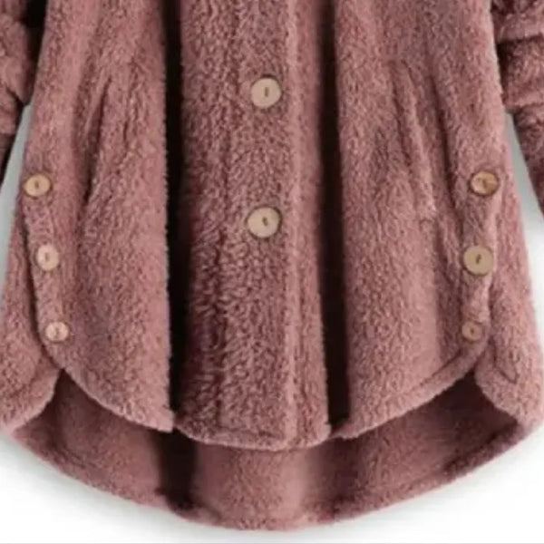 Cozy Sherpa Hooded Cardigan front detail showing button closure and roomy pockets in plush fleece for daily comfort