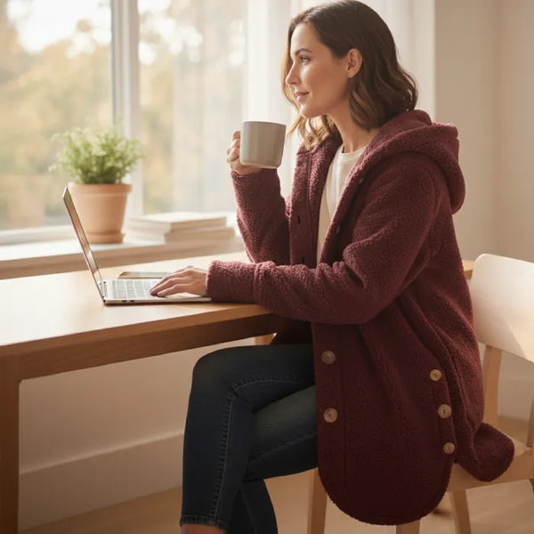 Cozy Sherpa Hooded Cardigan side view worn indoors holding a warm drink highlighting soft fleece and cozy fit