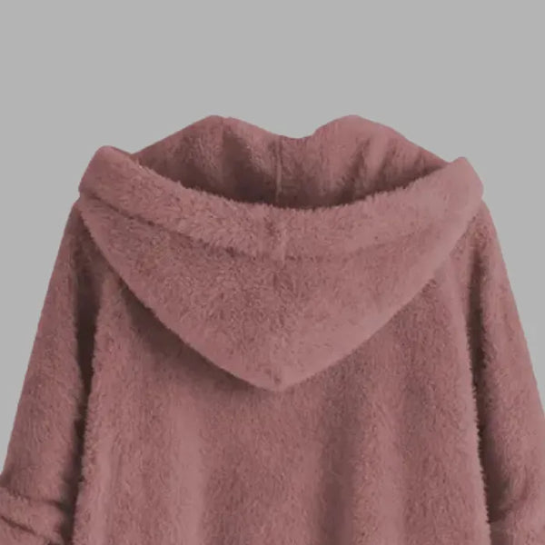 Cozy Sherpa Hooded Cardigan back hood detail showing soft sherpa fleece texture and relaxed fit for cold weather use